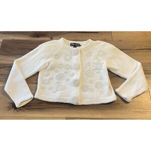 90s Gladys Bagley M Heavy Pearls Sequin Ramie Cotton Knit Cardigan Sweater Vtg